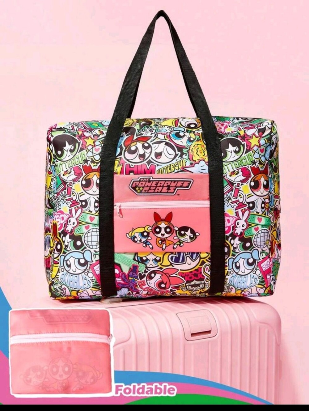 Cartoon Network Powerpuff Girls Foldable Travel Bag - Pink, Black, Multicolor